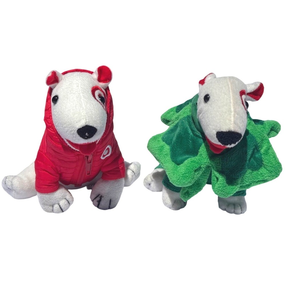 Target Bullseye Dog Plush Set‎ Red Puffer Coat & Green Clover Costume